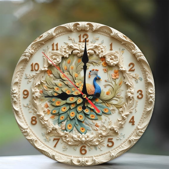 Peacock Wall Clock 10-Inch Silent Wooden Wall Clock, Battery Operated (AA Batteries Not Included), Artistic Home Decor