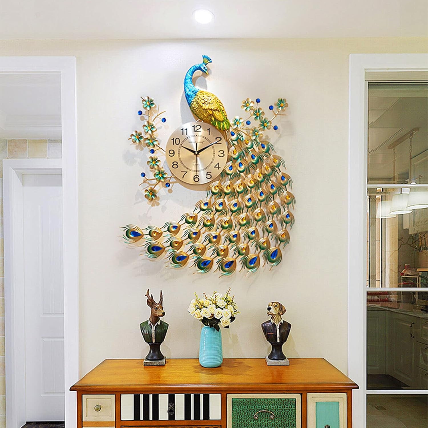 Peacock Wall Clock Crystal Decor, 3D Creative Luxury Wall Clock Silent Non-Ticking Battery Operated Living Room Decor Big Clock