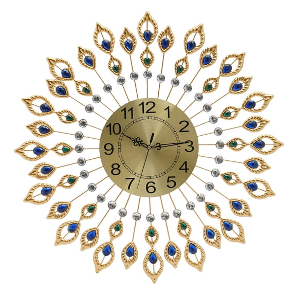 Peacock Wall Clock Large 26 Inches, Metal Silent Non-Ticking Quartz Clock with Acrylic Diamond Feather Design, Gold Finish with Wall Decals for Living Room Bedroom Office Decor