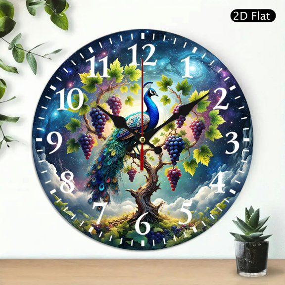 Peacock Wall Clock with Grapevine Print Galaxy Art Round Decorative Clock 10x10 Inch 1pc Battery Not Included
