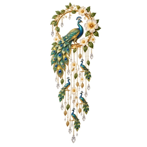Peacock Wall Decor, Bird and Floral Wall Hanging with Cascading Crystal-Style Drop Ornaments, Indoor Decorative Wall Art for Living Room and Entryway
