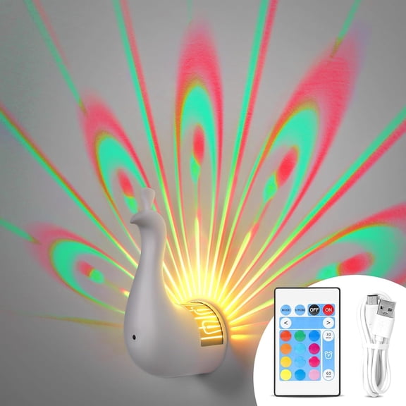 Peacock Wall Lamp,7 Colors Atmosphere Peacock Night Lights,Dimmable Touch Lamp for Bedroom,with Remote Control,Timing Function,Suitable for Living Room, Office,Corridor Decorate (White)