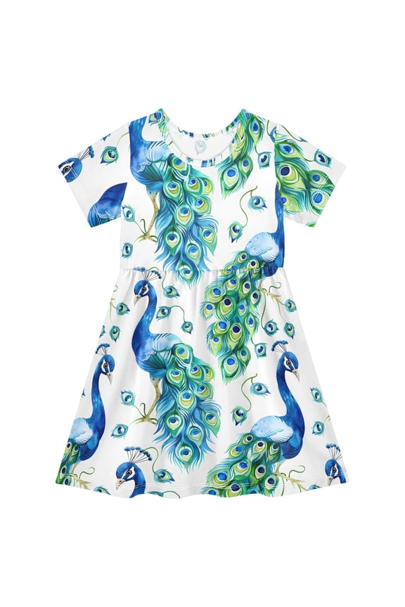 Peacock Watercolor Pattern Short Sleeve Dress A-Line Cute Midi Casual Sundress 2-8 Years