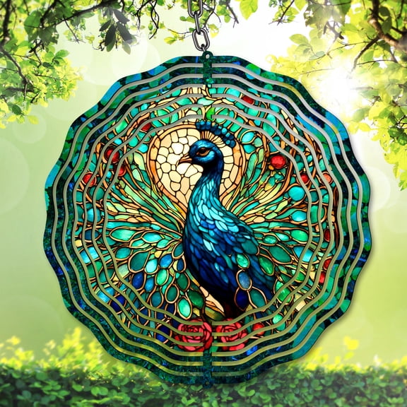 Peacock Wind Spinner 10 Inch Metal Double-Sided Rotating Wind Spinner - Stained Glass Style for Garden Outdoor Decor, Patio Yard Art, Durable Aluminum, Rotating