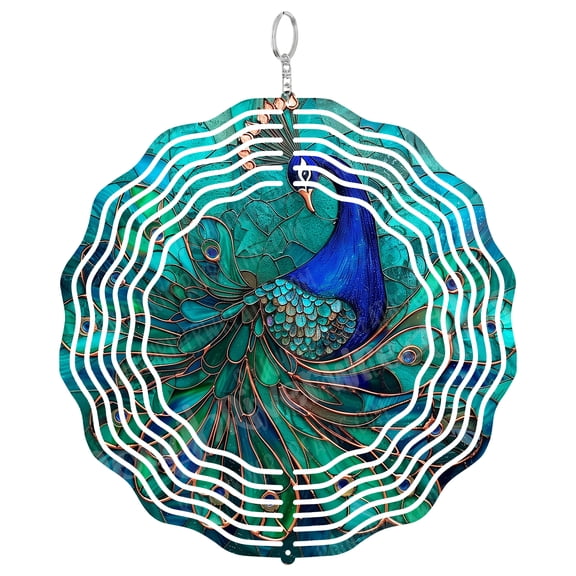 Peacock Wind Spinner Metal Outdoor Decor Stained Glass Art Teal Blue Copper