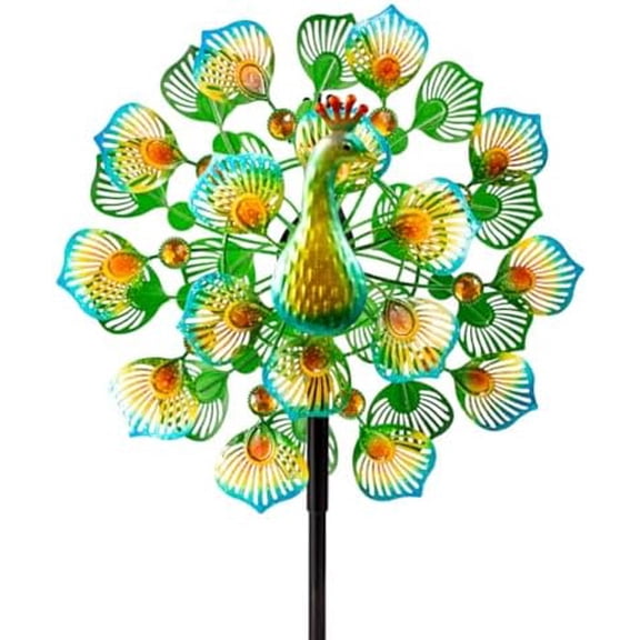 Peacock Wind Spinners Outdoor,13” Metal Wind Spinner Garden Pinwheels,360°Peacock Wind Sculptures & Spinners,Kinetic Wind Spinners for Yard and Garden(13.8”W X 64.2”H)