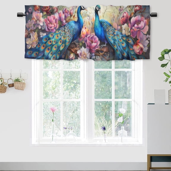 Peacock Window Curtain Valances Blue Beautiful Bird Asian Animals Peacock Feather Window Valance for Living Room Bathroom Bedroom, Kitchen Valance Rod Pocket Window Decor Curtain 54 by 18 in, 1 Panel
