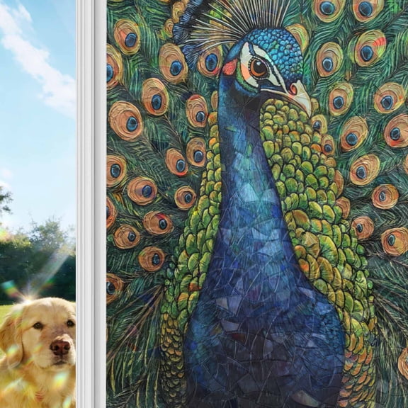 Peacock Window Privacy Film Stain Glass,Reusable Decorative Rainbow Window Film,Watercolor Animal Vintage Farmhouse Non-Adhesive Static Cling Sun Blocking Stickers Decals Covers 17.7" x 39.3" (2pcs)