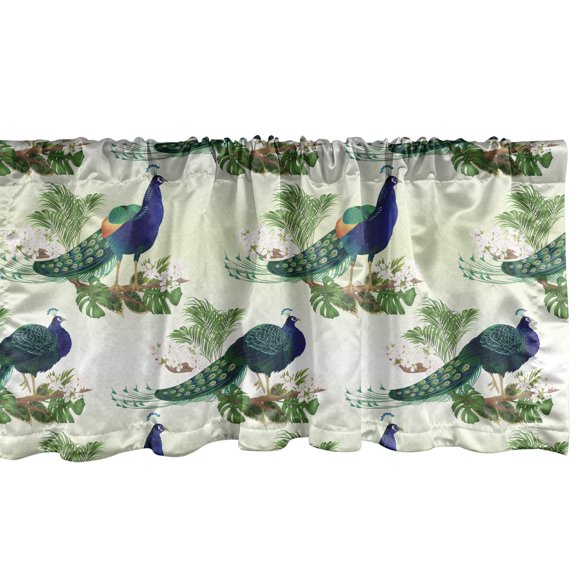 Peacock Window Valance Pack of 2, Ostrich and Monstera Botany Arrangement, Rod Pocket Curtain Valances Kitchen Bedroom, 2 Sizes, Pale Green Multicolor, by Ambesonne