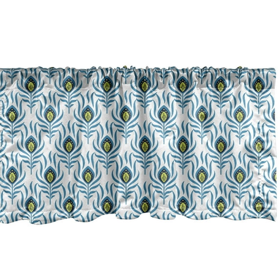 Peacock Window Valance Pack of 2, Repetitive Pattern with Abstract Feathers, Rod Pocket Curtain Valances Kitchen Bedroom, 2 Sizes, Sea Blue Multicolor, by Ambesonne