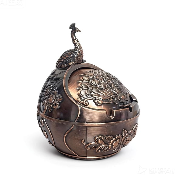 Peacock Windproof Copper Ashtray With Lid, A Metal Vintage Ashtray Suitable For Outdoor Balconies Or Terraces, A Birthday Gift Or Housewarming Gift For Home Living Room Or Office Desk Decoration.