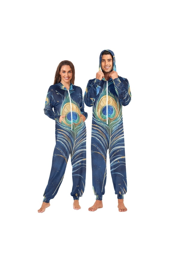 Peacock and Feather Adult Onesie Pajamas Slim Fit Christmas One Piece Suit Pjs for Women and Men Hooded Zipper