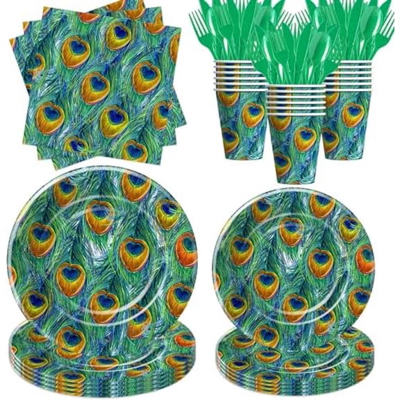 Peacock feather zoo bird theme birthday party tableware set for a bridal or baby shower, serving 24 guests.