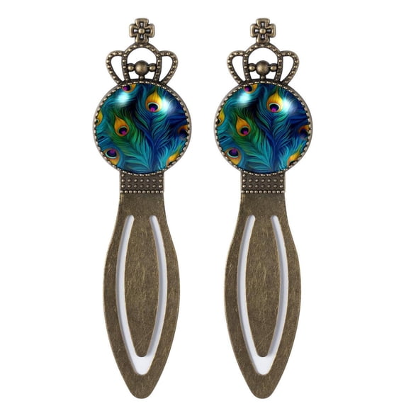 Peacock feathers Vintage Copper Crown-Shaped Bookmarks: Stainless Steel Material, Gift Set for Readers and Book Lovers, Including 2 Bookmarks