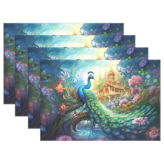 Peacock in Forest 4 PCs Placemats Set Linen Non-Slip Table Mat Rectangular Washable for Dining Kitchen Party 12"x18"