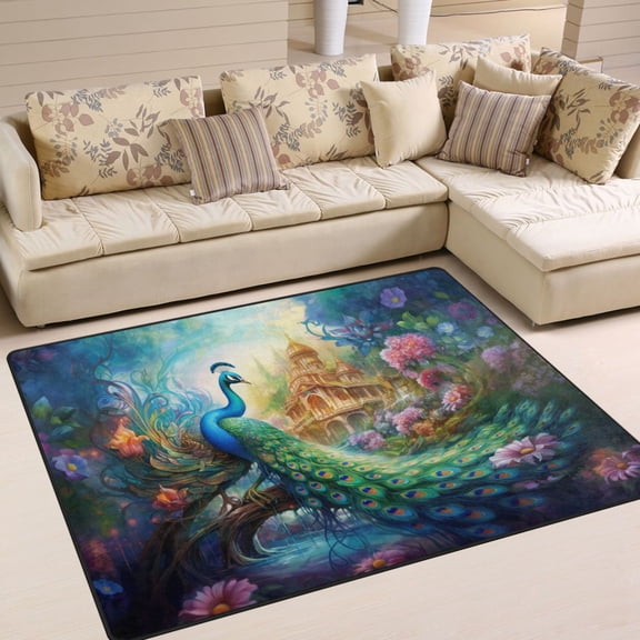 Peacock in Forest Area Rugs Soft Non-Slip Floor Mats Large Nursery Carpets Doormat for Living Room Bedroom Hotel Decor 63"x48"