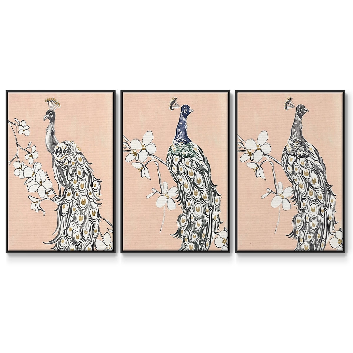 Peacock in Gold I - Framed Premium Gallery Wrapped Canvas L Frame 3 Piece Set - Ready to Hang
