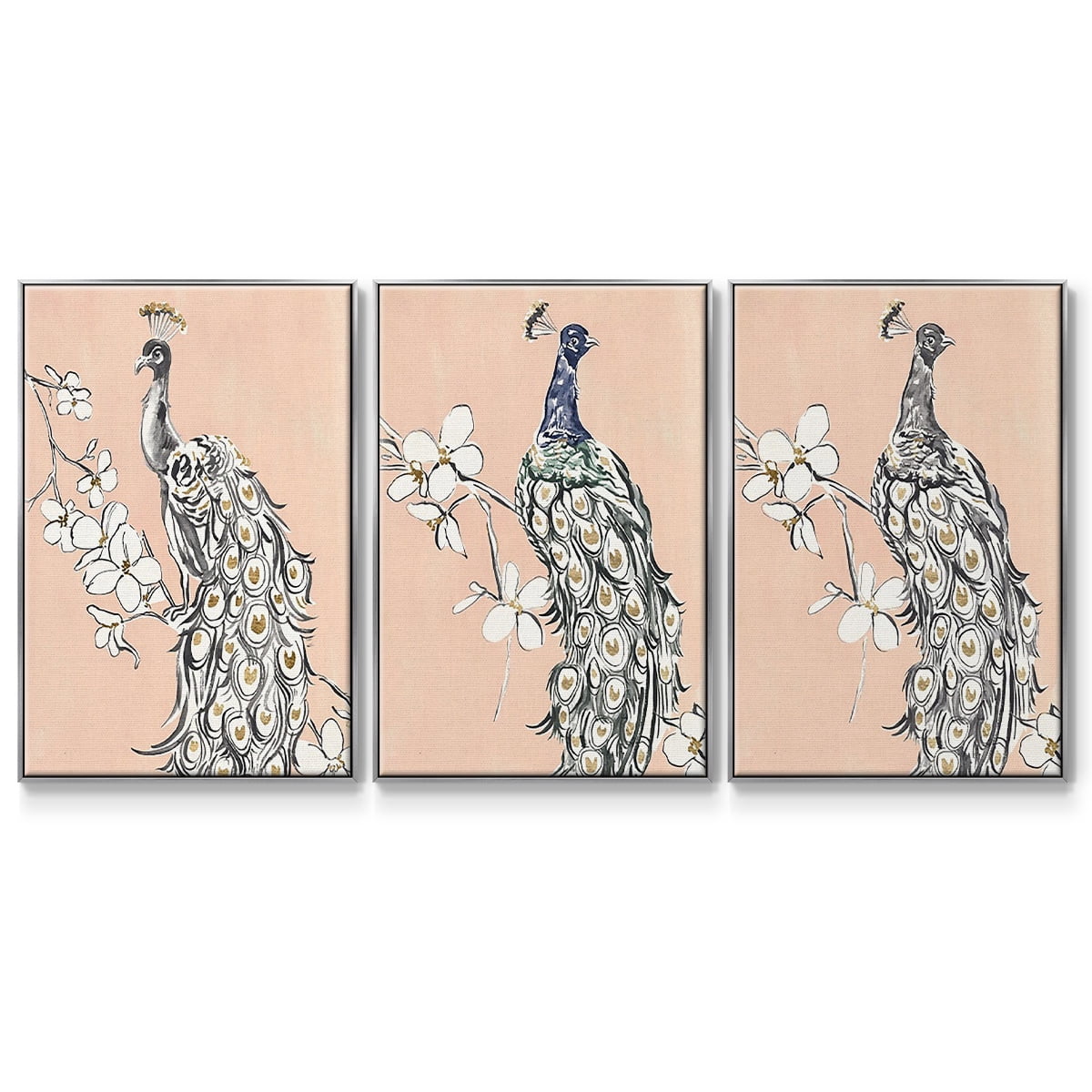 Peacock in Gold I - Framed Premium Gallery Wrapped Canvas L Frame 3 Piece Set - Ready to Hang
