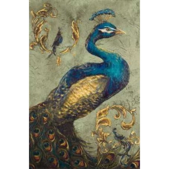 Peacock on Sage I Poster Print by Tiffany Hakimipour