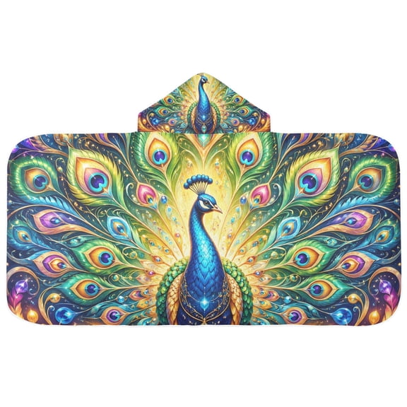 Peacock with Beautiful Feathers Kids' Hooded Towel Wrap Bath Towels Bath Cape Bathrobe Unisex 50" x 23.5"