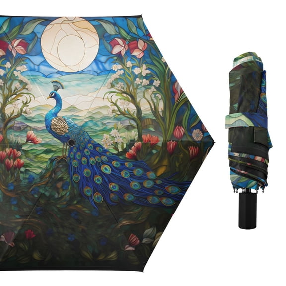 Peacock with Moon Compact Sun Umbrella Windproof Travel Umbrellas for Rain Strong Portable UV Protection