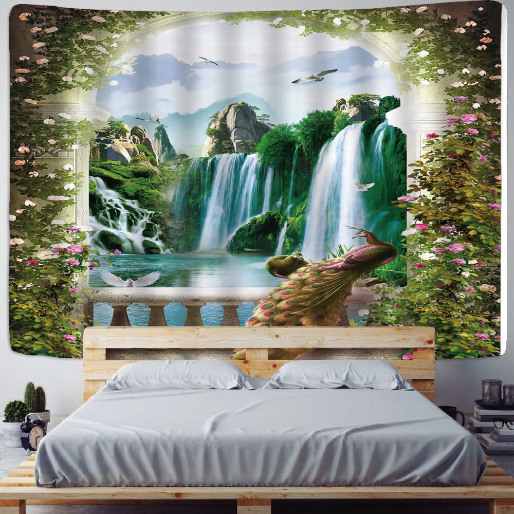 Peacocks Birds Tapestry Wall Hanging Flowers and Birds Tapestries 3D