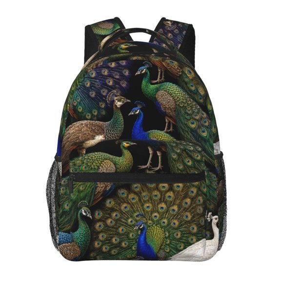 Peacocks Exotic Birds Pattern Backpack Casual College Bag Zipper Laptop Daypack Hiking Rucksack Travel