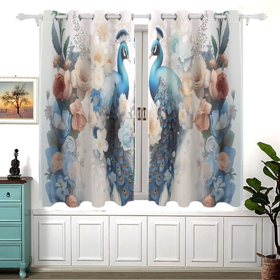 Peacocks Flowers Floral Leaves Green 54×55 Inch Black Out Curtains 2 Packs Aesthetic for Bedroom Living Room Sliding Glass Doors Kitchen Windows