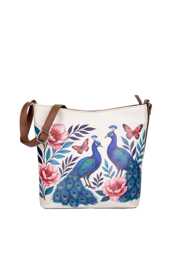Peacocks Printed PU Leather Crossbody Bag Adjustable Sling & Over-the-Shoulder Bag for Women Daily Use & Travel