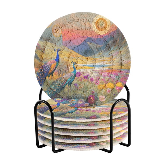 Peacocks in Alpine Meadow Coasters with Holder for Coffee Table 6 Pcs Drink Coaster Sets Absorbent for Home Decor 4 inch