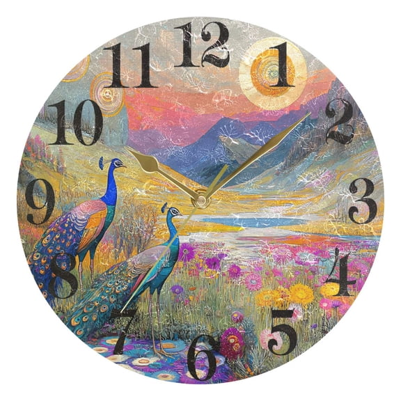 Peacocks in Alpine Meadow Round Wall Clock Battery Operated Silent Non-Ticking Bedroom Office Kitchen Home School Decor 10"(Gold)