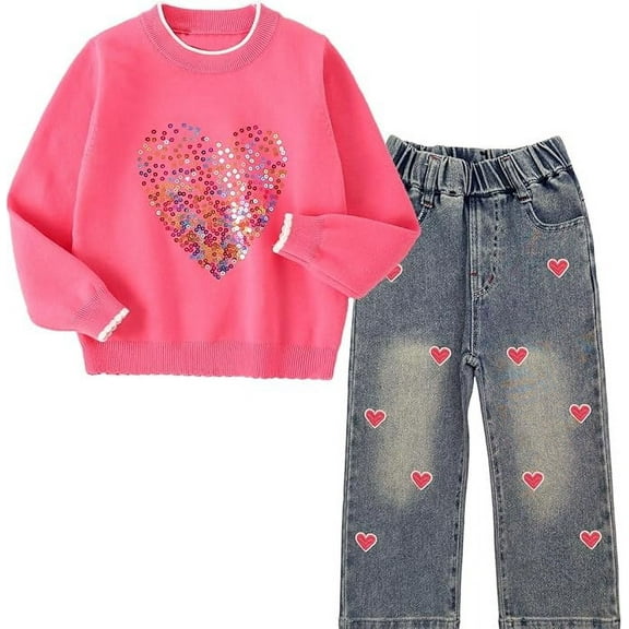 Peacolate 18M-10Y Spring Fall Winter Clothing Set Little&Big Girl Knit Turtleneck Pullover Sweater and Embroider Jeans,Pink Heart,5Years