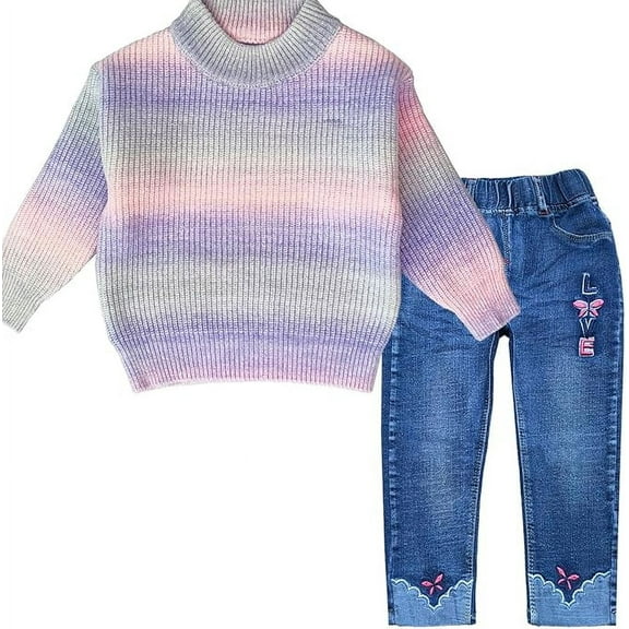 Peacolate 18M-10Y Spring Fall Winter Clothing Set Little&Big Girl Knit Turtleneck Pullover Sweater and Embroider Jeans,Purple Rainbow,6-7Years