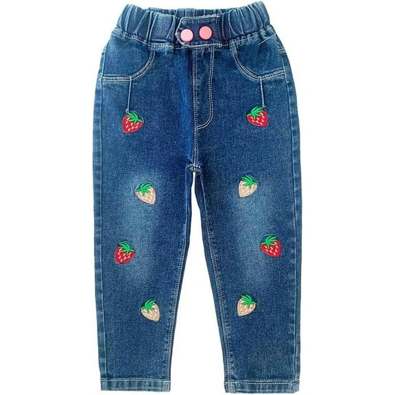 Peacolate 18Months - 9Years Girl Strawberry Embroidery Blue Denim Jeans,Strawberry,7-8Years