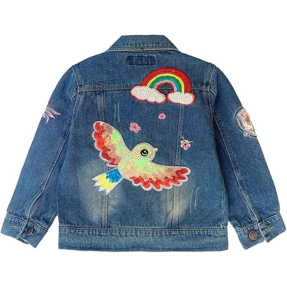 Peacolate 2-11Y Little&Big Girls Sequin Denim Jacket Children Embroidery Jean Outerwear,Rainbow,6-7Years