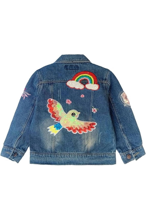 2-11Y Little&Big Girls Sequin Denim Jacket Children Embroidery Jean Outerwear,Rainbow,7-8Years