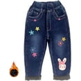 thumbnail image 1 of Peacolate 2-6 Years Winter Little Girls Fleece-Lined Thicken Jeans Embroidered Butterfly Bunny Denim Trousers,Bunny,3Years, 1 of 5