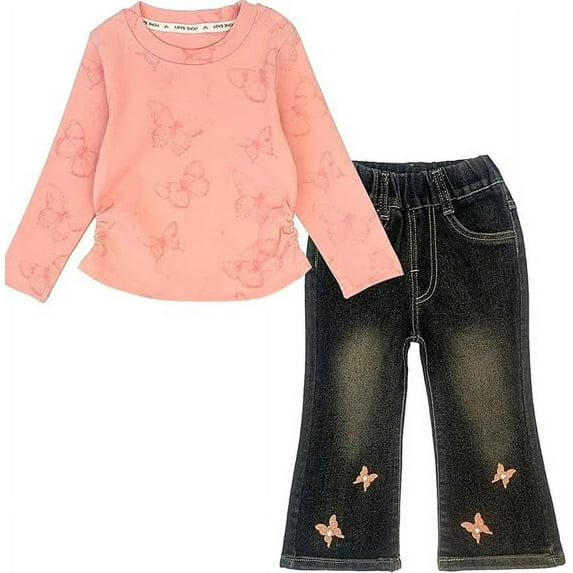 Peacolate 2-7T Spring Fall Little Girls 2pcs Clothing Set Butterfly T Shirt and Boot-cut Jeans,Pink,5-6Years