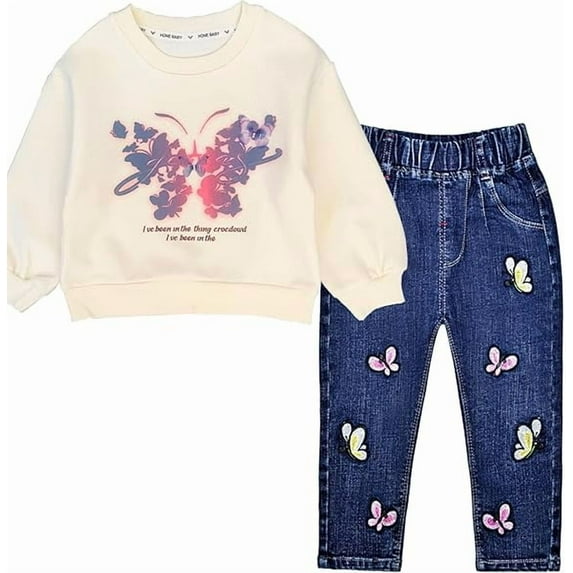 Peacolate 2-7T Spring Fall Little Girls 2pcs Clothing Set Butterfly T Shirt and Jeans,White,4Years