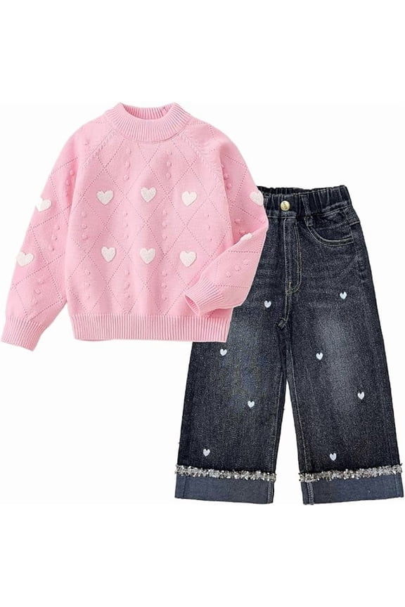 2-7T Spring Fall Little Girls 2pcs Clothing Set Heart Knit Sweater and Straight Jeans,Pink,6-7Years