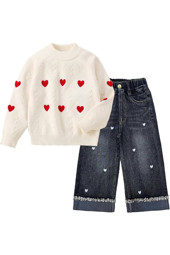 2-7T Spring Fall Little Girls 2pcs Clothing Set Heart Knit Sweater and Straight Jeans,White,3-4Years