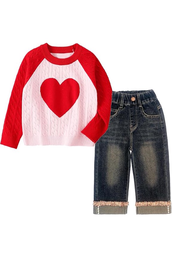 2-7T Spring Fall Little Girls 2pcs Clothing Set Heart Sweater and Straight Jeans,Pink,2-3Years