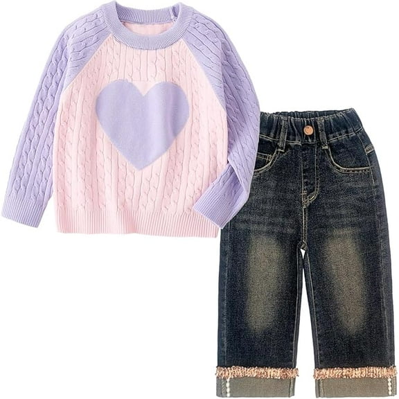 Peacolate 2-7T Spring Fall Little Girls 2pcs Clothing Set Heart Sweater and Straight Jeans,Purple,5-6Years