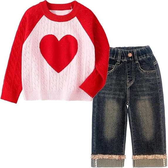 Peacolate 2-7T Spring Fall Little Girls 2pcs Clothing Set Heart Sweater and Straight Jeans,Red,2-3Years