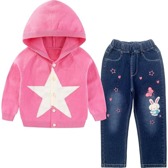 Peacolate 2-7T Spring Fall Summer Little Girls 2pcs Clothing Set T Shirt and Jeans,Cardigan Star,3Years