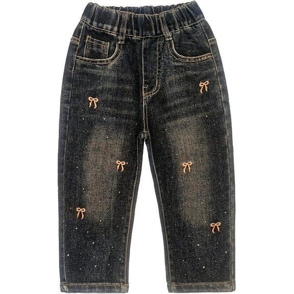 Peacolate 2-7Years Little Girls' Black Embroidered Jeans Pants for Big Girls,Bowknot,4-5Years