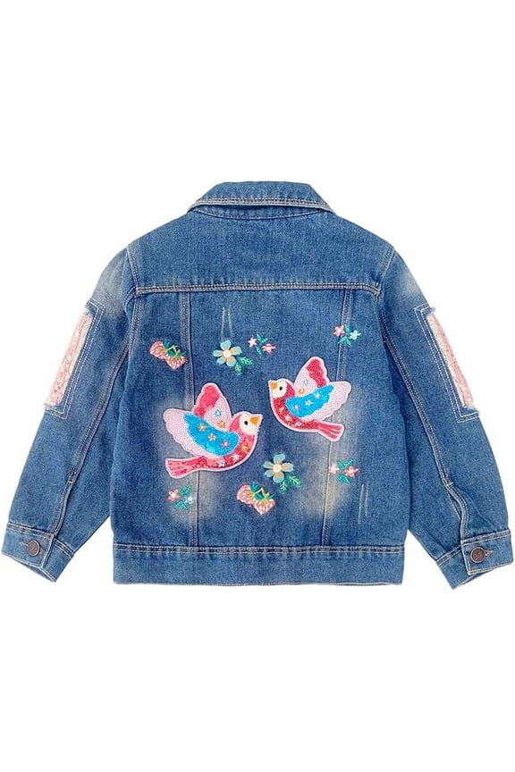 3-10Years Spring Autumn Girls Jacket Little Girl Embroidered Denim Jacket Coat,Bird,5-6Years