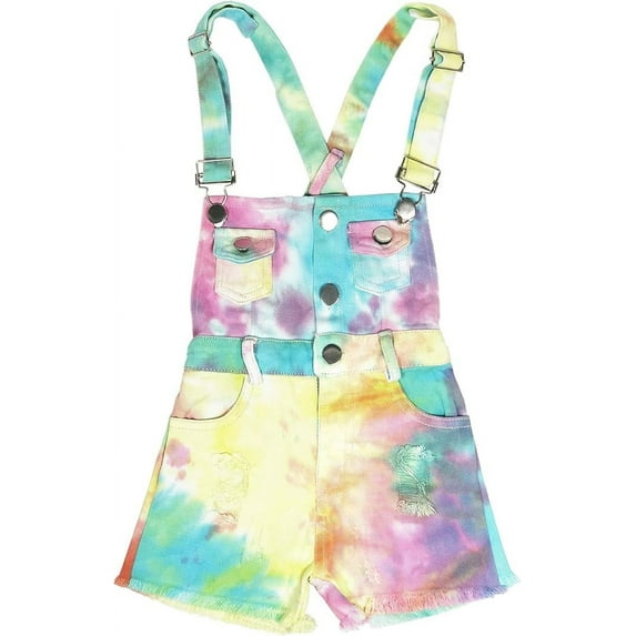 Peacolate 3-11T Little Girls Jumpsuit Children Bib Overalls Denim Strap Skirt Shorts Jeans Pants Colorful Tie-dye Shortalls Suspender,Tie-dye,6-7Years