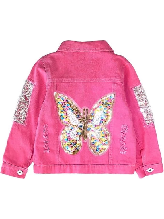 3-7Years Little Big Girl Pink Denim Jacket Butterfly Sequins Outwear,6Years,Pink