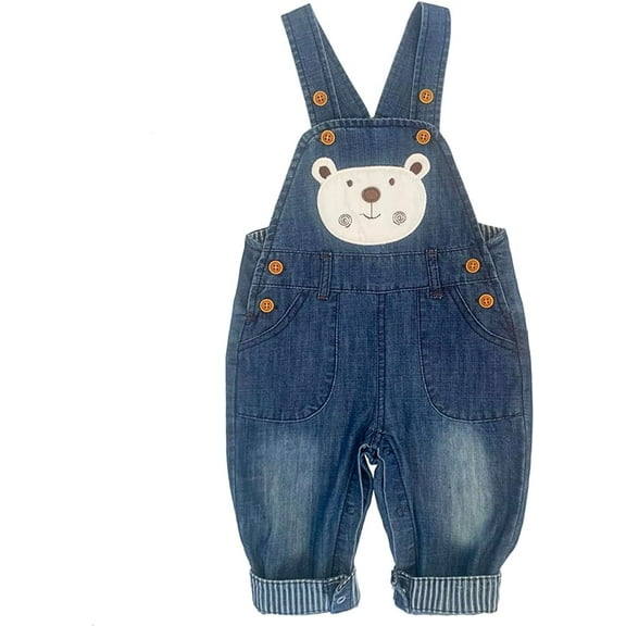 Peacolate 3Months-3Years Baby Boy Blue Denim Overalls Jumpsuit for Infant Toddler Kids Embroidered Jeans,Bear,12-18Months